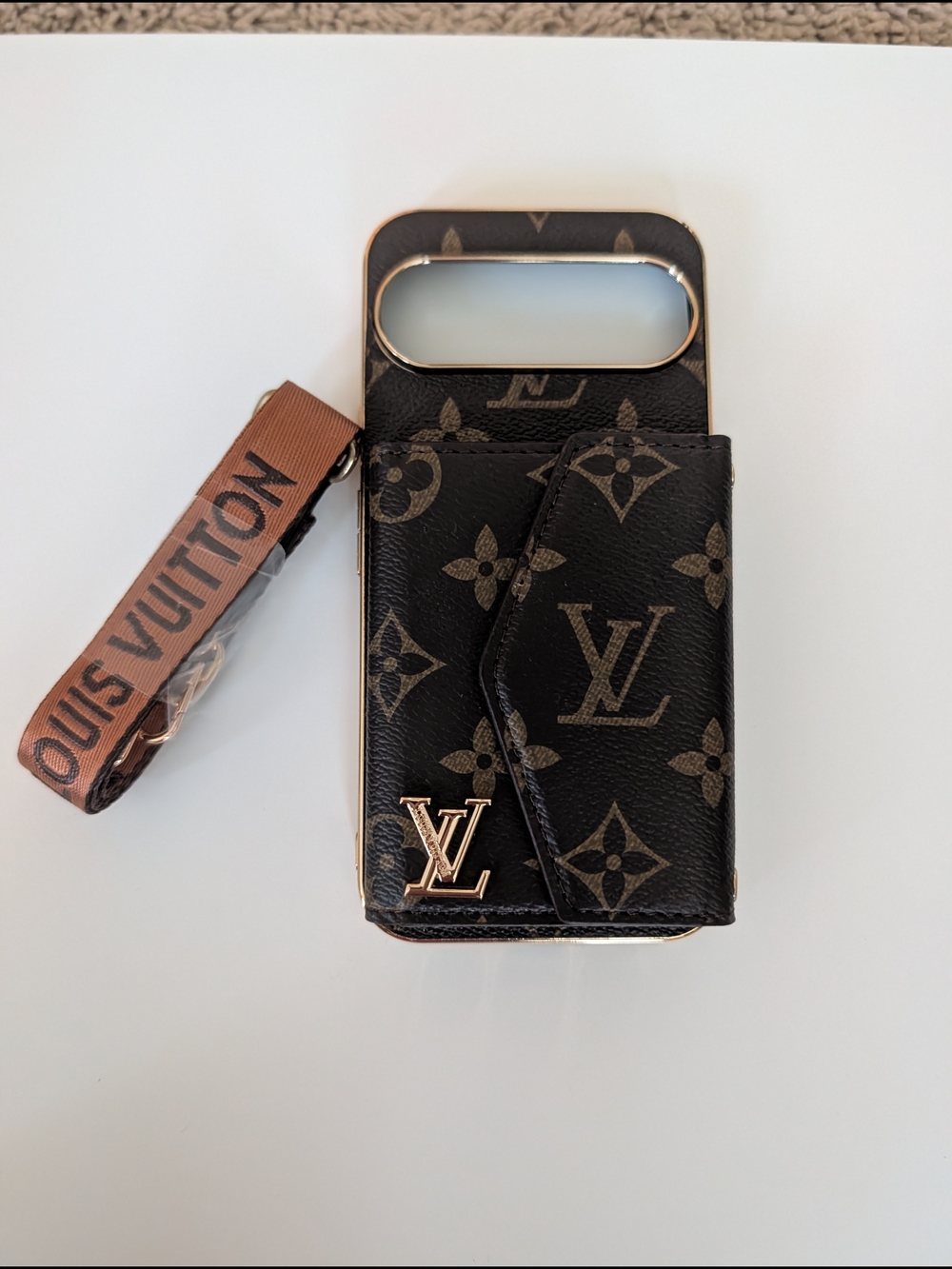 Louis Vuitton Black Monogram Leather Phone Case with Wrist Strap
